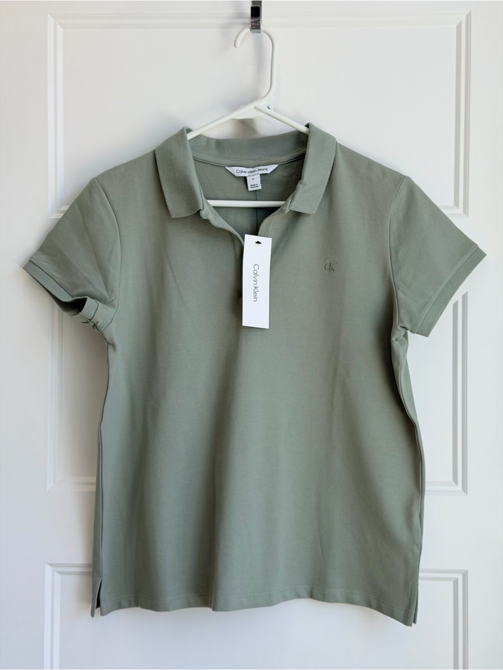 Calvin Klein Women's Sage Green Polo Shirt with Subtle CK Logo